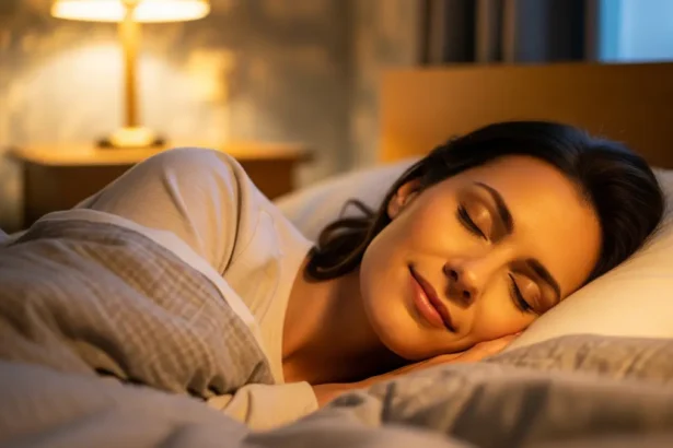 Woman sleeping peacefully in bed, soft light, Ayurvedic sleep remedies, natural rest
