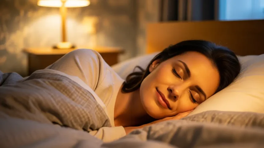 Woman sleeping peacefully in bed, soft light, Ayurvedic sleep remedies, natural rest