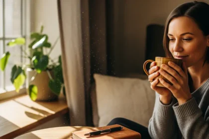 Woman practicing a simple Ayurvedic habit by mindfully sipping warm tea in a sunlit room.