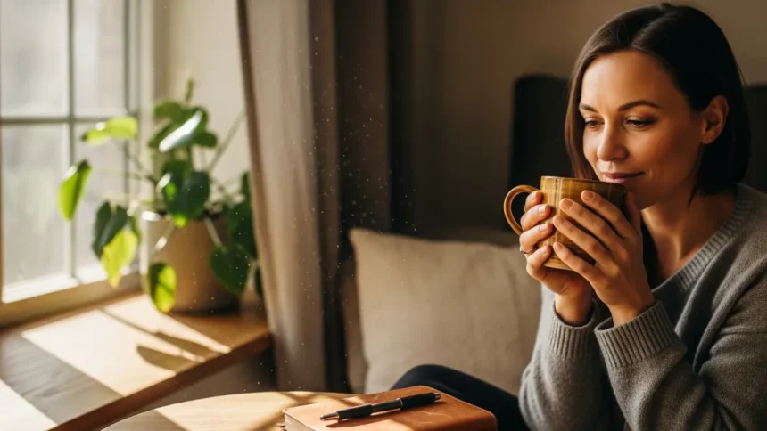 Woman practicing a simple Ayurvedic habit by mindfully sipping warm tea in a sunlit room.