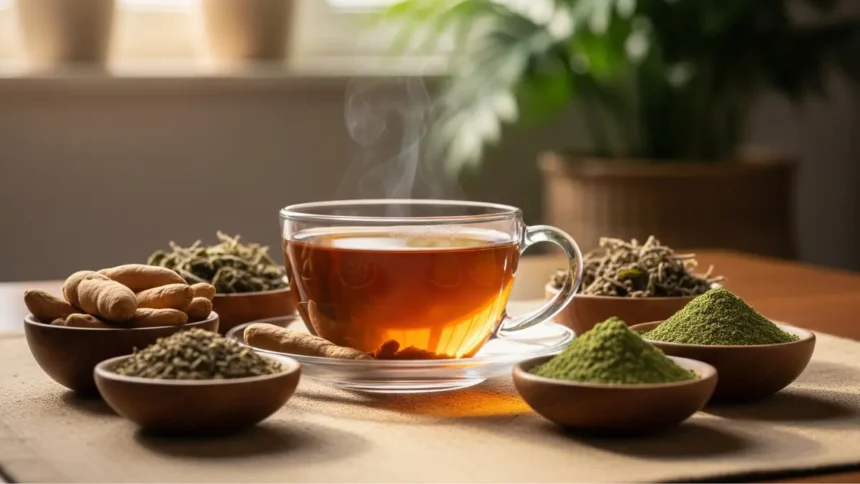 A warm cup of Ayurvedic tea surrounded by small bowls of stress-relieving herbs like Ashwagandha and Tulsi.