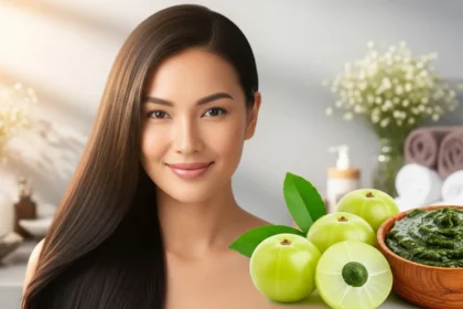 Woman with beautiful, healthy hair next to a bowl of Ayurvedic amla powder paste for a natural hair mask.