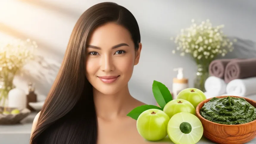 Woman with beautiful, healthy hair next to a bowl of Ayurvedic amla powder paste for a natural hair mask.