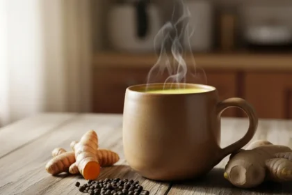 A warm, steaming mug of Ayurvedic golden milk on a wooden table with fresh turmeric and ginger root