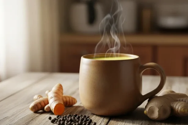 A warm, steaming mug of Ayurvedic golden milk on a wooden table with fresh turmeric and ginger root