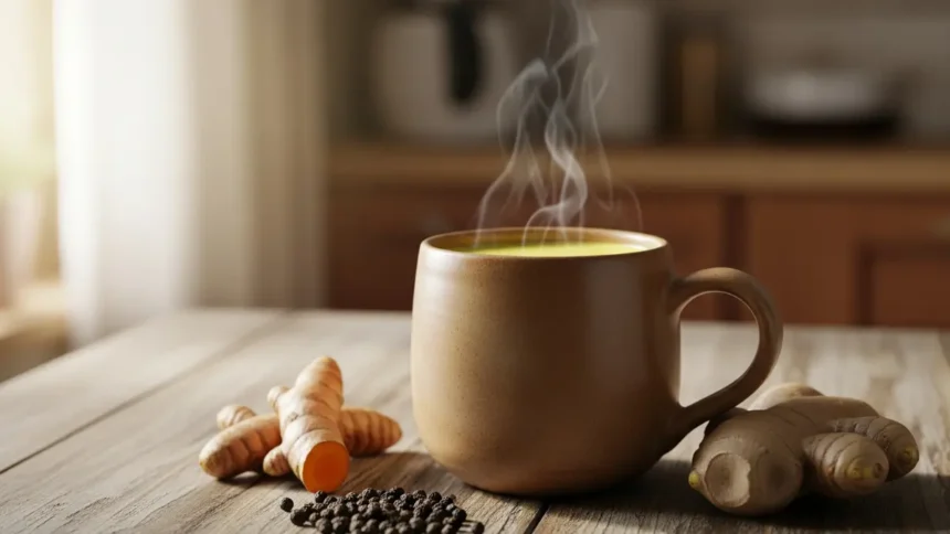 A warm, steaming mug of Ayurvedic golden milk on a wooden table with fresh turmeric and ginger root