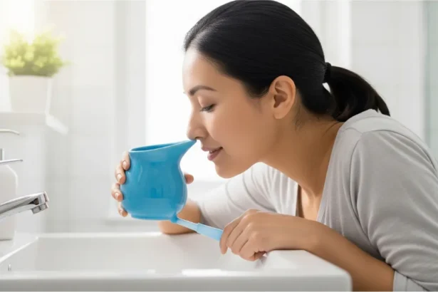 Woman safely using a ceramic neti pot over a sink to cleanse her sinuses for natural allergy and cold relief.
