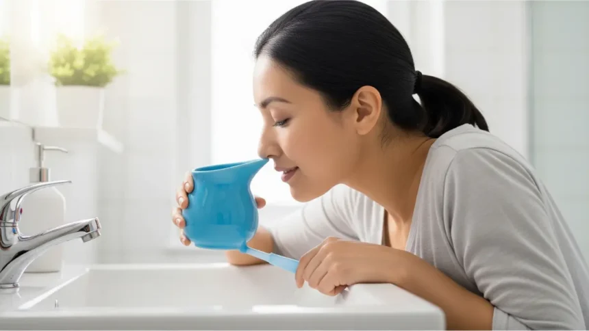 Woman safely using a ceramic neti pot over a sink to cleanse her sinuses for natural allergy and cold relief.