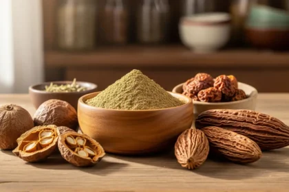 wooden bowl of Ayurvedic Triphala powder surrounded by the three dried fruits: Amalaki, Bibhitaki, and Haritaki.