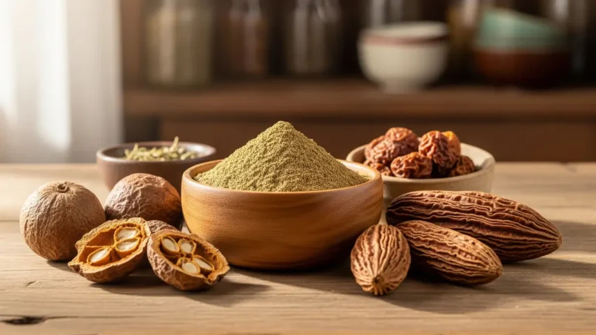 wooden bowl of Ayurvedic Triphala powder surrounded by the three dried fruits: Amalaki, Bibhitaki, and Haritaki.