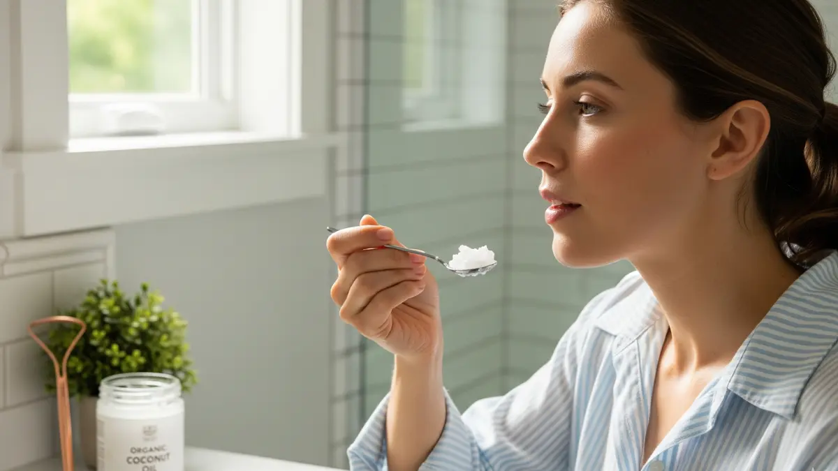 Woman in a bright bathroom holding a spoonful of coconut oil, demonstrating how to do oil pulling.