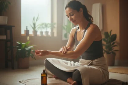 A serene woman practicing Abhyanga, the Ayurvedic self-massage, by applying warm oil to her arm.