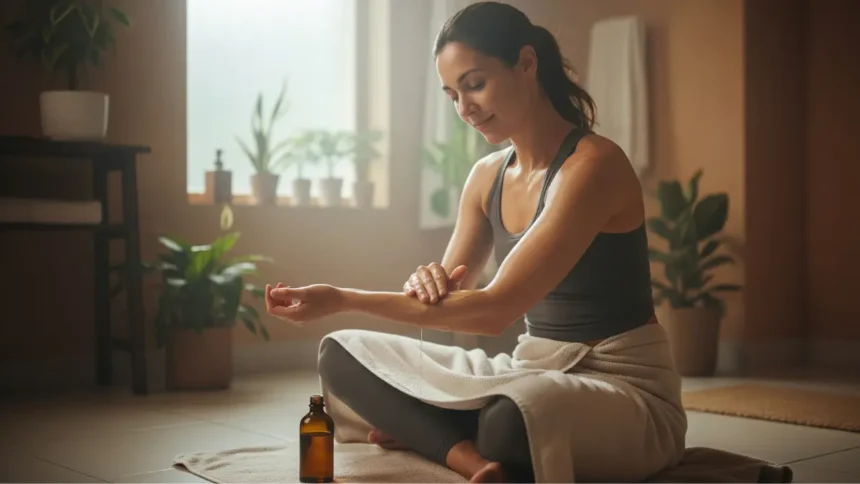 A serene woman practicing Abhyanga, the Ayurvedic self-massage, by applying warm oil to her arm.
