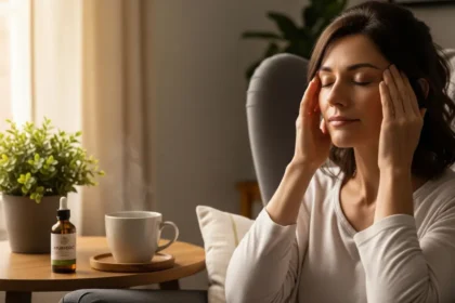 Woman gently massaging her temples to relieve a tension headache, with a cup of herbal tea and essential oil nearby.