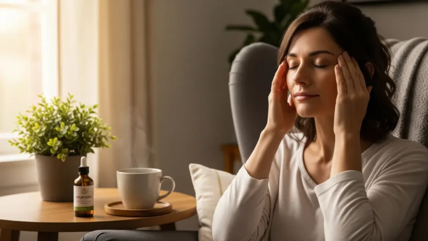 Woman gently massaging her temples to relieve a tension headache, with a cup of herbal tea and essential oil nearby.