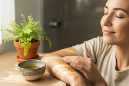 Woman gently applying natural oil to her arm, soothing eczema and dry skin with Ayurvedic remedies.
