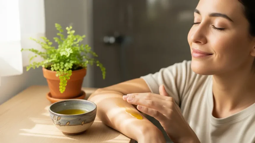 Woman gently applying natural oil to her arm, soothing eczema and dry skin with Ayurvedic remedies.
