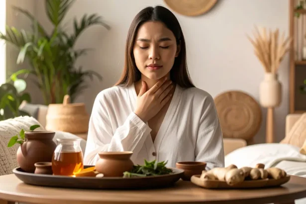 Young woman holding her throat in discomfort with Ayurvedic remedies on a table in a cozy living room.