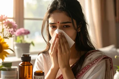 Woman blowing her nose into a tissue, suffering from seasonal allergies, with natural remedies in the foreground.