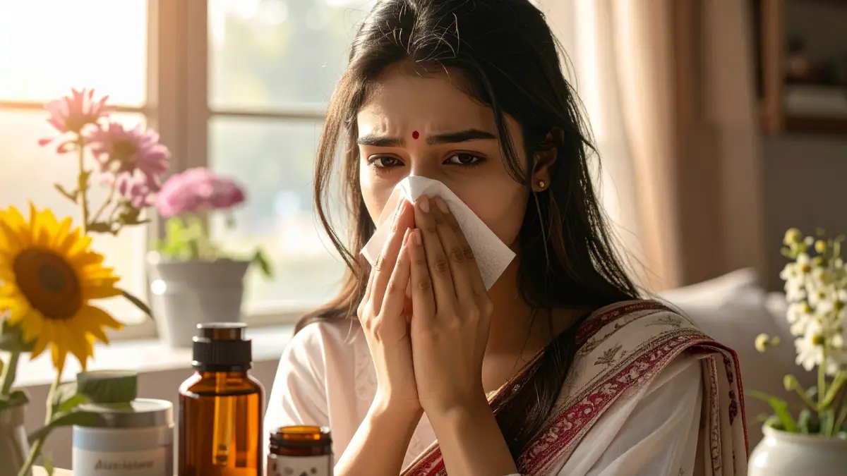 Woman blowing her nose into a tissue, suffering from seasonal allergies, with natural remedies in the foreground.