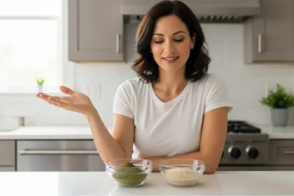 Woman comparing two bowls of Triphala and Psyllium Husk in a modern kitchen.