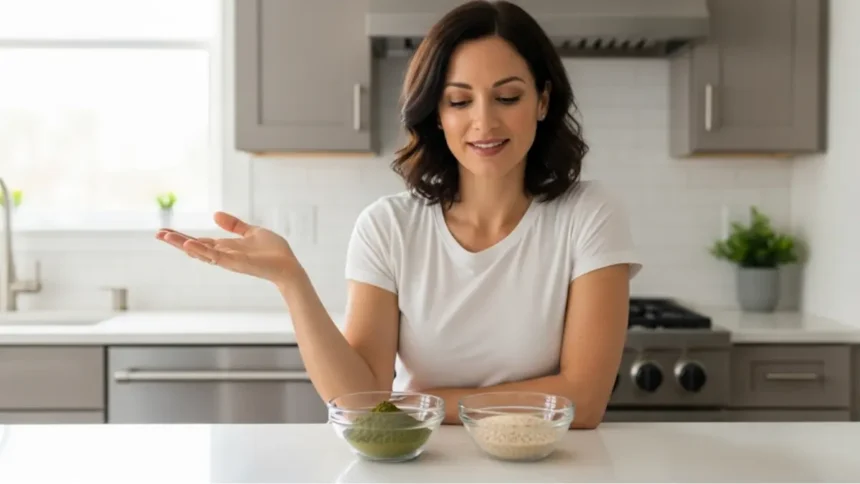 Woman comparing two bowls of Triphala and Psyllium Husk in a modern kitchen.